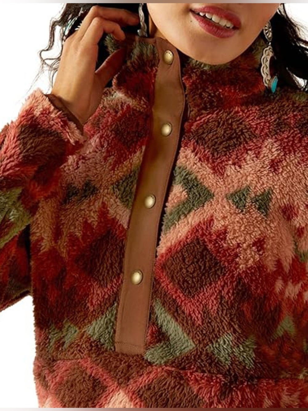 Ariat Berber snap front fleece pullover w/ Southwestern print. Women's small